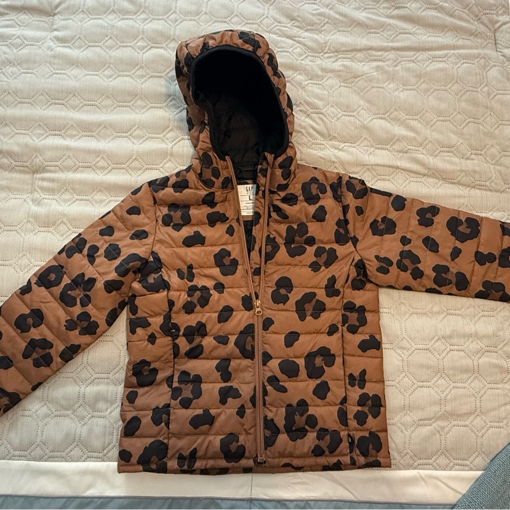 GAP Kids Brown and Black Leopard Puffer Jacket